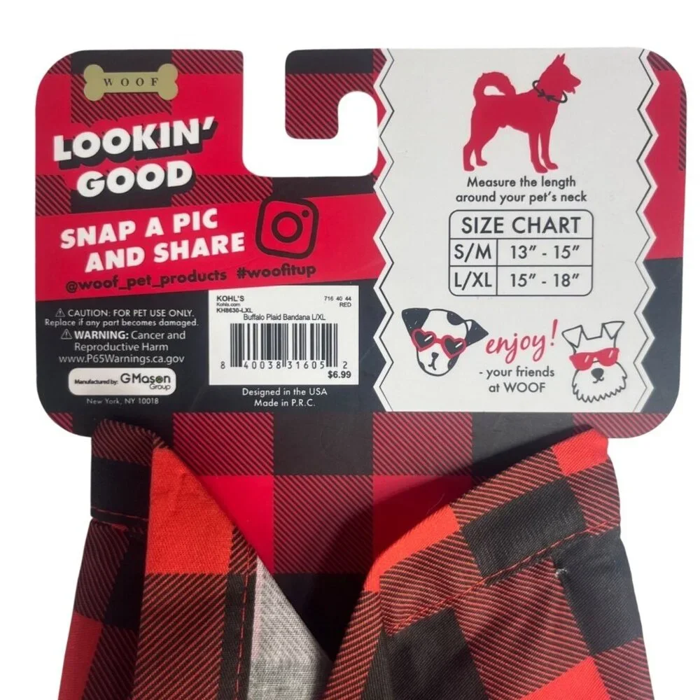 Buffalo Plaid Pet Bandana S/M Red Black‎ Paw Print By Woof Adjustable Cotton